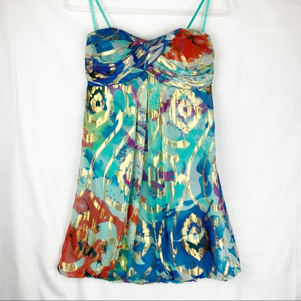 Cache Silk Gold Metallic Y2K Strapless Balloon Hem Mini Dress sz 4